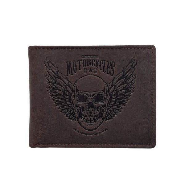 Portefeuille en cuir gras marron personnalisé tête de mort bikers 
