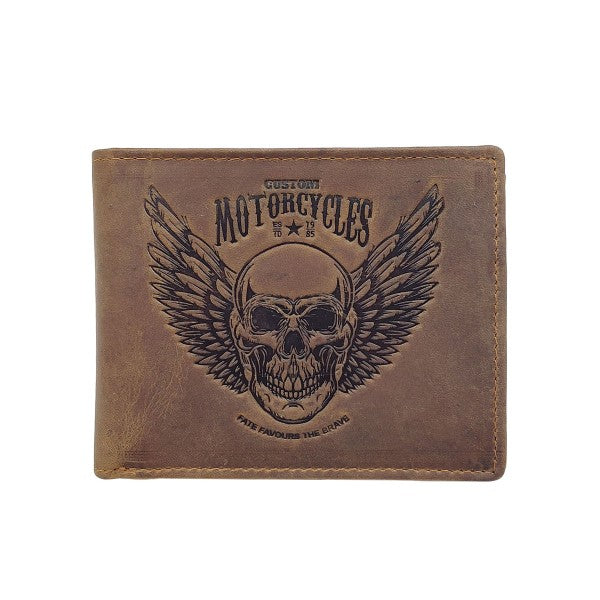 Portefeuille en cuir gras homme Camel personnalisé bikers tête de mort 