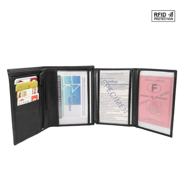 Grand portefeuille RFID multi cartes – cuir – 4 volets – Noir – marque  cheval G.Z